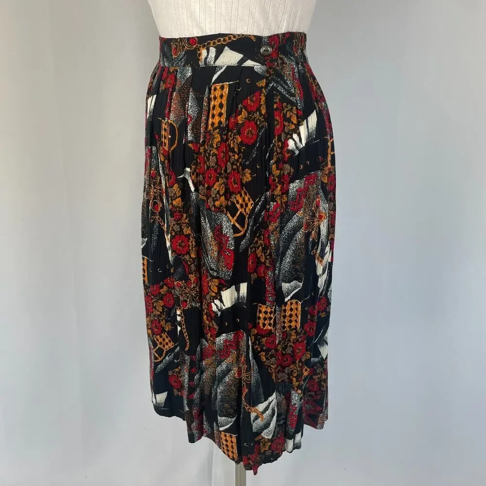 Vintage Midi Skirt Size 10 Petite 10P Black Red Mix Print Floral Preppy Academia